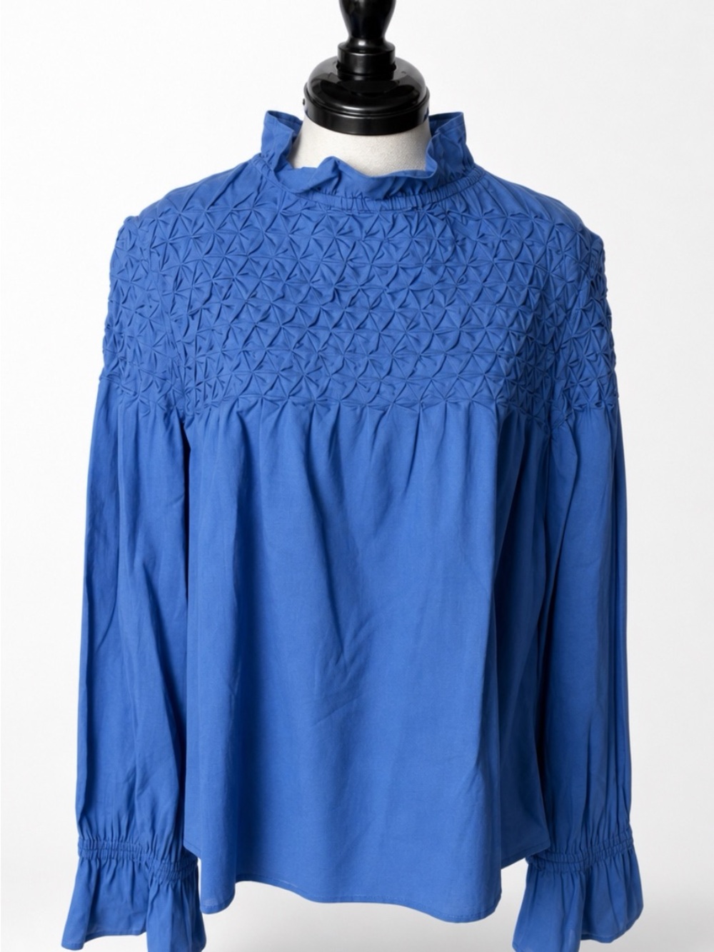 Merlette Majorelle Smocked Ruffle Neck Cotton Blouse, Blue, XS (oversized), EUC